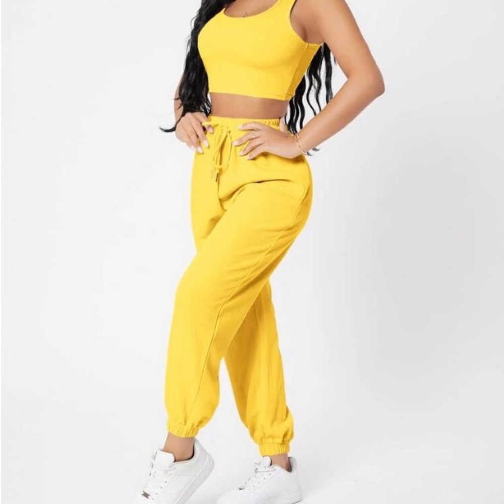 Yellow 2 piece crop top sweat pants